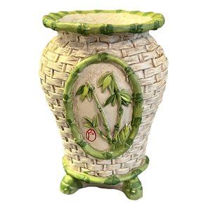 Panda Garden Ceramic Vase Faux Bamboo Basket Weave 3.75" tall Woven Design